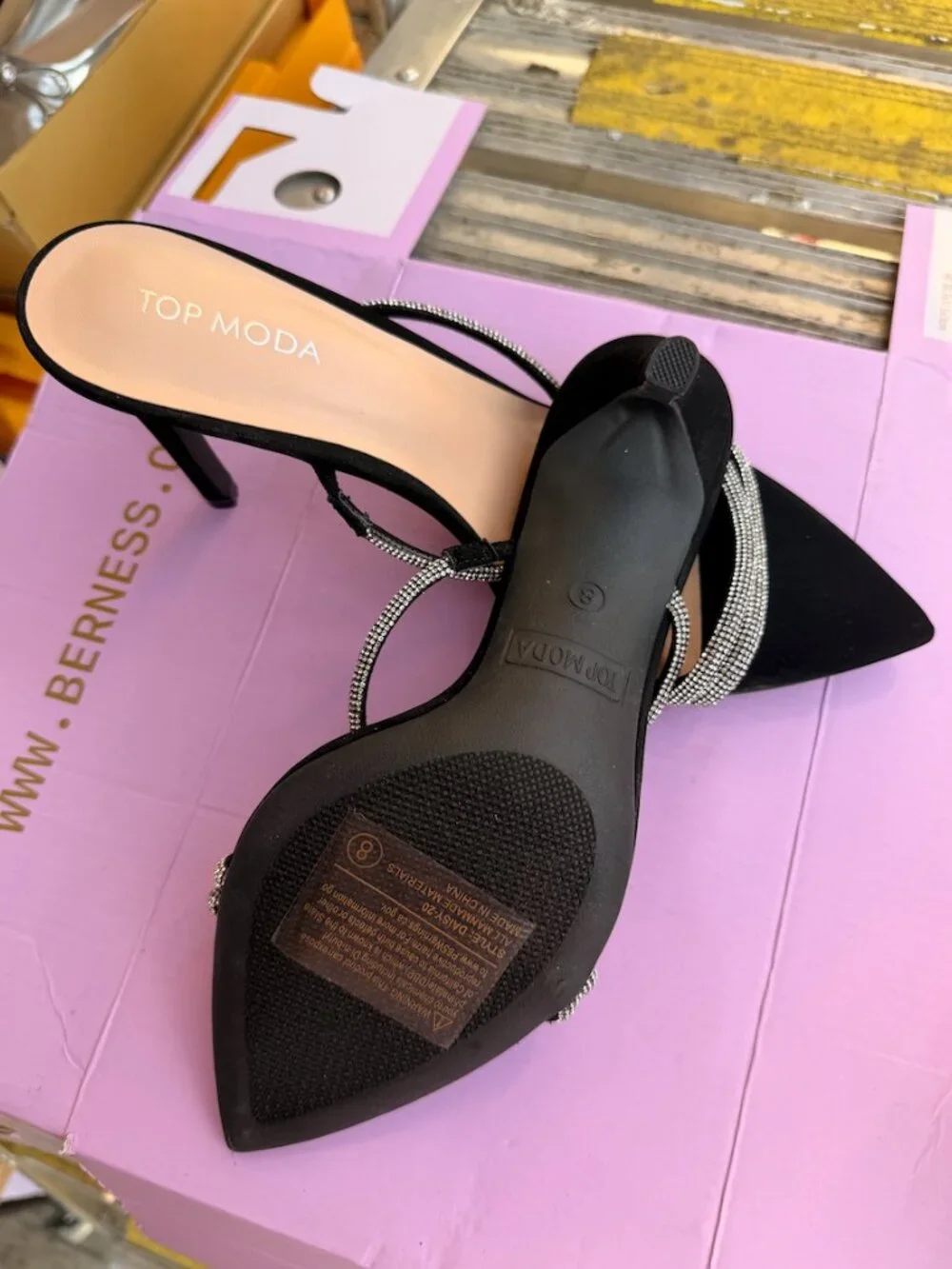 Top Moda Black Rhinestone Strappy Pointed Toe Heeled Mules Size 8